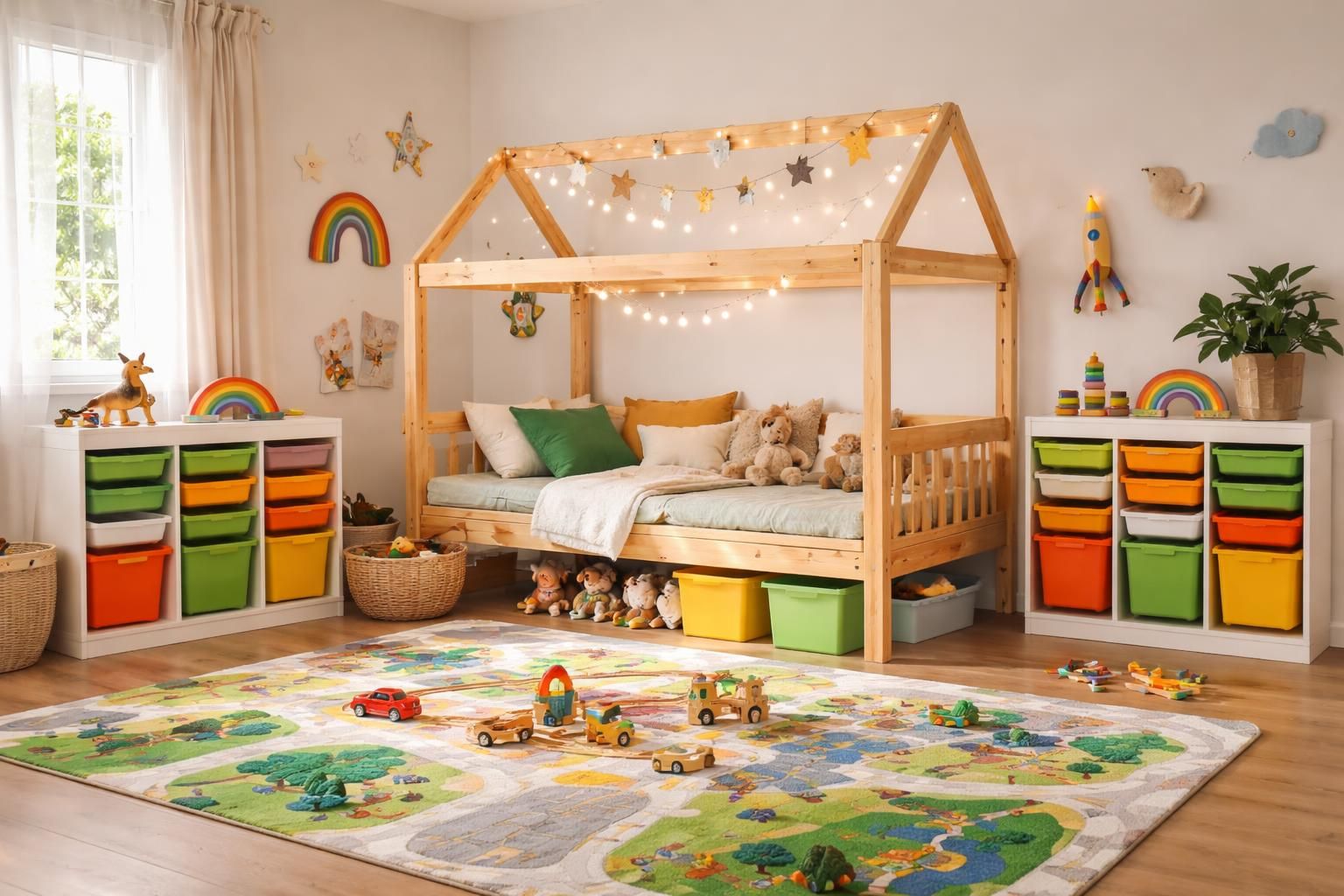 découvrez comment créer une chambre d'enfant ludique avec un lit cabane, des rangements trofast ikea pratiques et un tapis de jeu coloré pour un espace à la fois amusant et organisé.