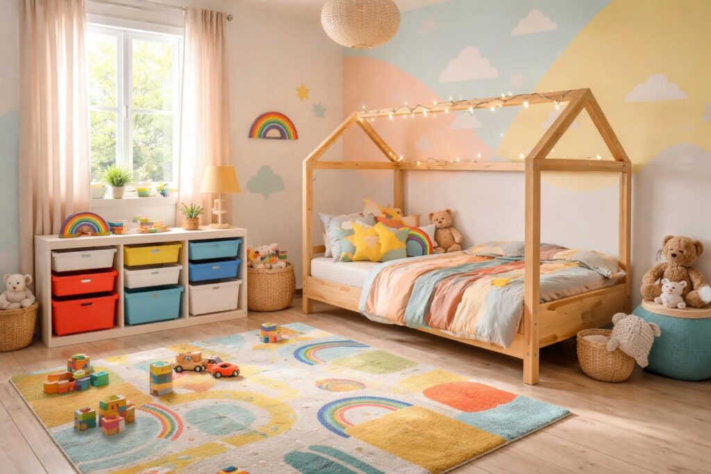 découvrez comment créer une chambre enfant ludique avec un lit cabane, des rangements trofast ikea pratiques et un tapis de jeu coloré pour un espace à la fois amusant et organisé.