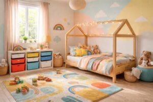 découvrez comment créer une chambre enfant ludique avec un lit cabane, des rangements trofast ikea pratiques et un tapis de jeu coloré pour un espace à la fois amusant et organisé.